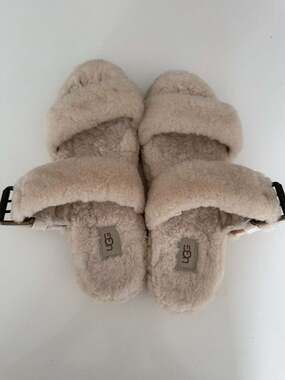UGG Fuzz Yeah Genuine Shearling Double Strap Platform Slide Slippers in Natural